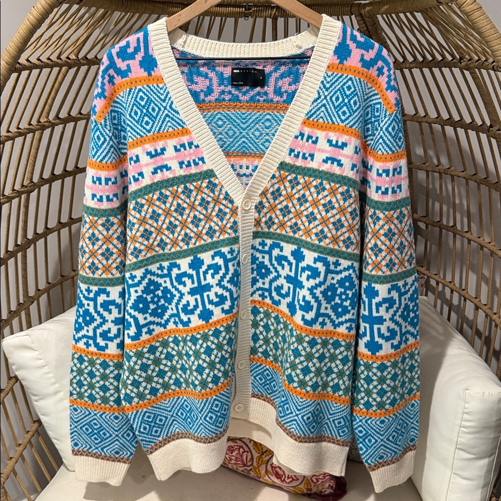 Men's ASOS DESIGN Knitted Cardigan With Fairisle Design In Blue-multi